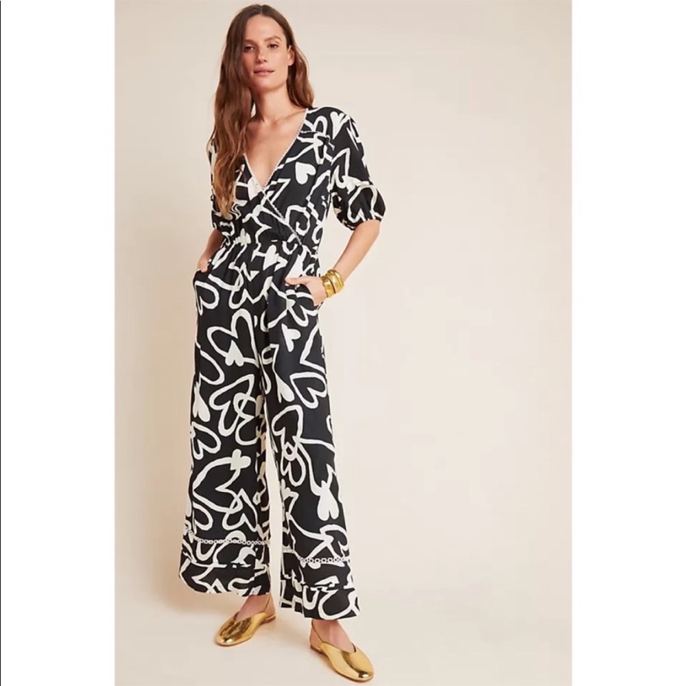 Farm Rio x Anthropologie Sinead Hearts Black White Jumpsuit